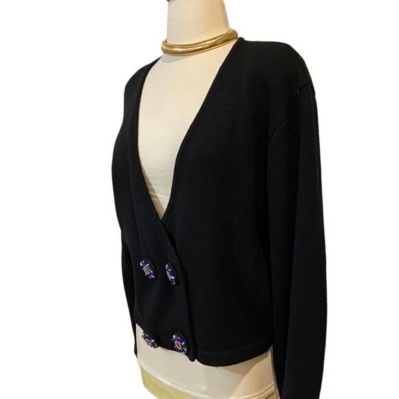 Vintage Robert Scott Ltd Black Cardigan Lambswool Blend Large Beaded Buttons - Picture 10 of 15